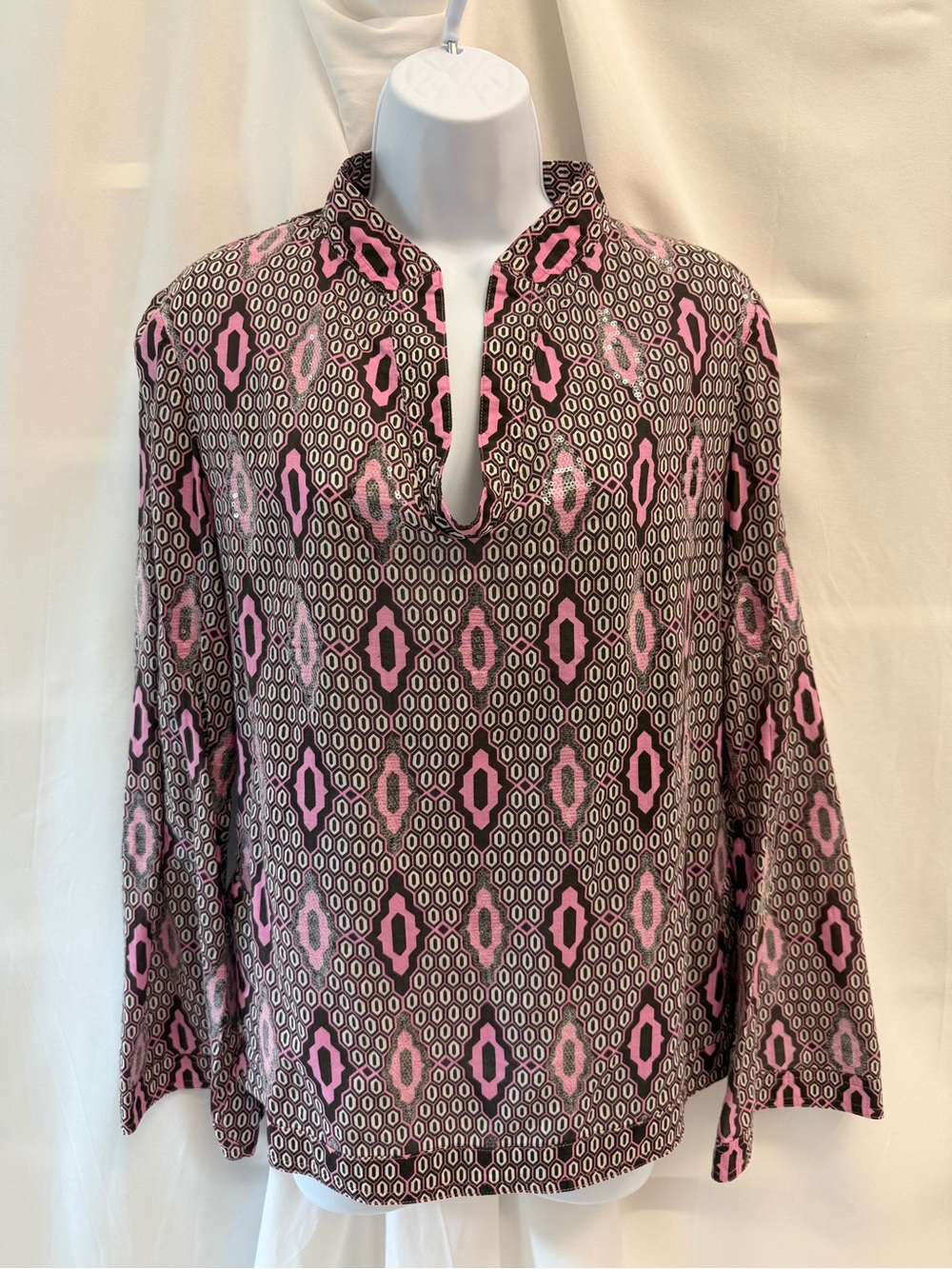 Tory Burch Sequin Split Neck Tunic Top Pink and Black Geometric Medallions